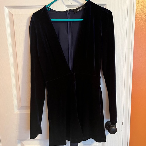 Blue, velvet, long sleeve romper. Navy blue. Worn once. - Picture 1 of 3